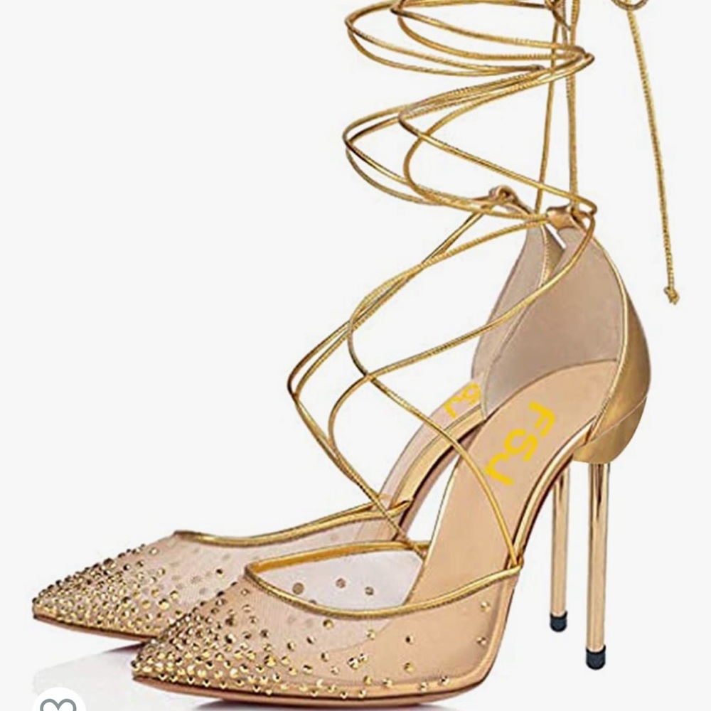 FSJ Women High Heel Ankle Strap Sandals Pointed Toe Rivets Pumps